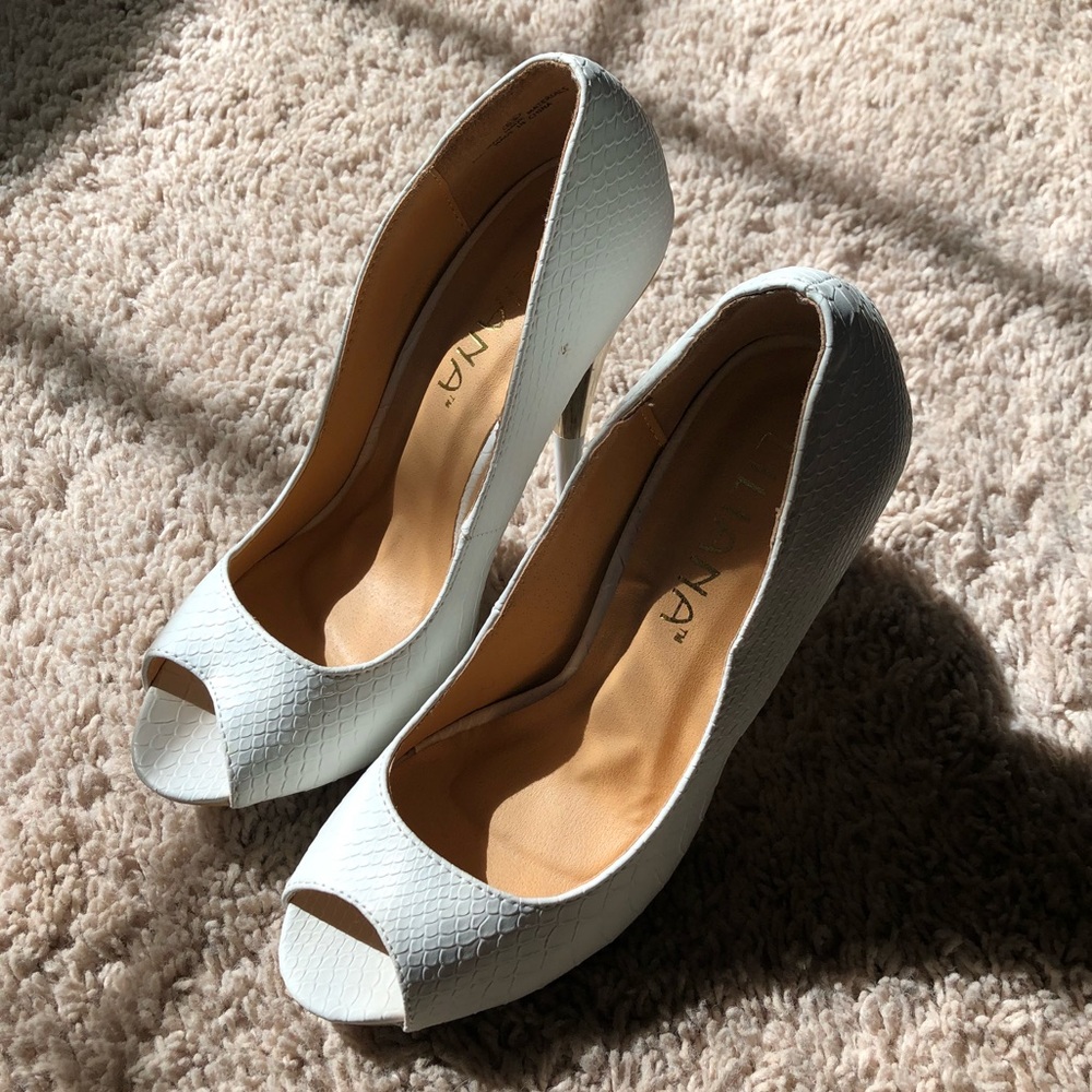 White snake open toe heels